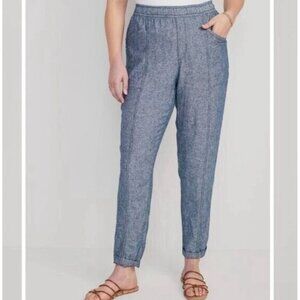 Old Navy Pants Womens Medium Linen Chambray Blue Pull On Tapered Ankle Pockets